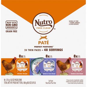 Nutro Perfect Portions Grain-Free Variety Pack Chicken, Salmon & Tuna, Chicken & Liver Pate Recipe Adult Wet Cat Food Trays, 2.64-oz, case of 24 twin-packs