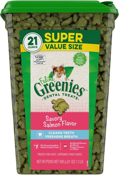 Greenies Feline Savory Salmon Flavor Adult Dental Cat Treats, 21-oz tub slide 1 of 9