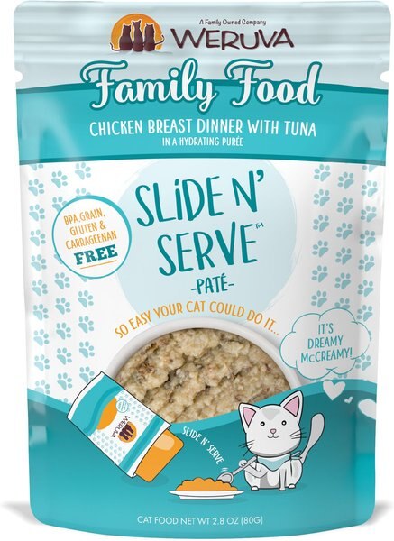 Weruva Slide N' Serve Family Food Chicken Breast Dinner with Tuna Pate Grain-Free Cat Food Pouches, 2.8-oz pouch, case of 12 slide 1 of 11