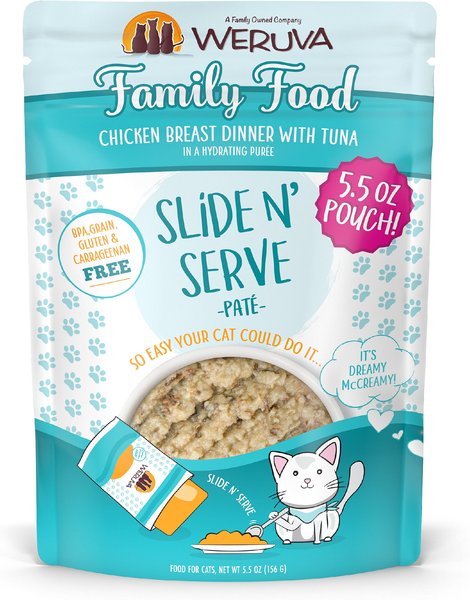 Weruva Slide N' Serve Family Food Chicken Breast Dinner with Tuna Pate Grain-Free Cat Food Pouches, 5.5-oz pouch, case of 12 slide 1 of 11