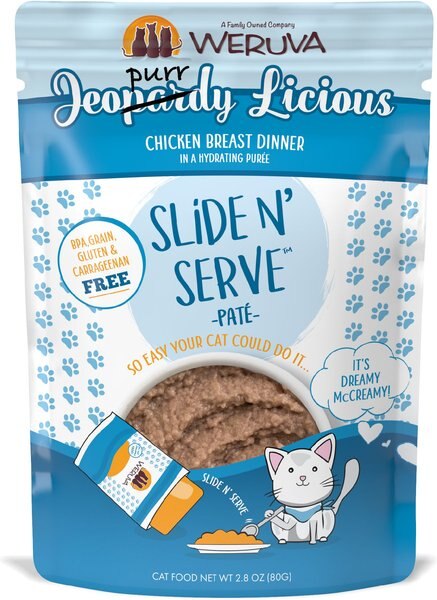 Weruva Slide N' Serve Jeopurrdy Licious Chicken Dinner Pate Grain-Free Cat Food Pouches, 2.8-oz pouch, case of 12 slide 1 of 11