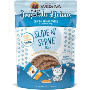 Weruva Slide N' Serve Jeopurrdy Licious Chicken Dinner Pate Grain-Free Cat Food Pouches, 2.8-oz pouch, case of 12