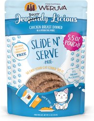 Weruva Slide N' Serve Jeopurrdy Licious Chicken Dinner Pate Grain-Free Cat Food Pouches, 5.5-oz pouch, case of 12
