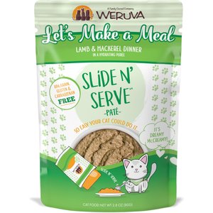 Weruva Slide N' Serve Let's Make a Meal Lamb & Mackerel Dinner Pate Grain-Free Cat Food Pouches, 2.8-oz pouch, case of 12