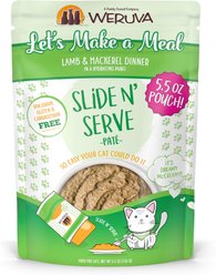 Weruva Slide N' Serve Let's Make a Meal Lamb & Mackerel Dinner Pate Grain-Free Cat Food Pouches, 5.5-oz pouch, case of 12
