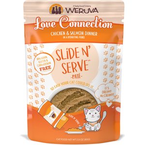 Weruva Slide N' Serve Love Connection Chicken & Salmon Dinner Pate Grain-Free Cat Food Pouches, 2.8-oz pouch, case of 12