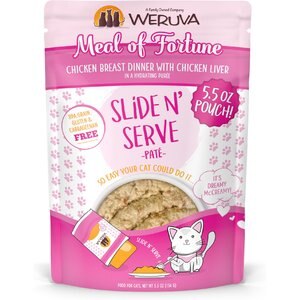 Weruva Slide N' Serve Meal of Fortune Chicken Breast Dinner With Chicken Liver Pate Grain-Free Cat Food Pouches, 5.5-oz pouch, case of 12