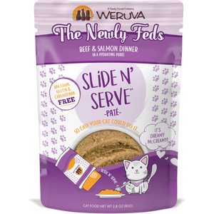 Weruva Slide N' Serve The Newly Feds Beef & Salmon Dinner Pate Grain-Free Cat Food Pouches, 2.8-oz pouch, case of 12