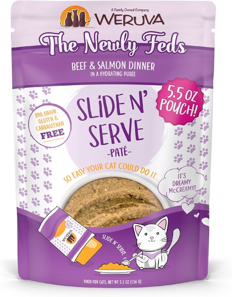 Weruva Slide N' Serve The Newly Feds Beef & Salmon Dinner Pate Grain-Free Cat Food Pouches, 5.5-oz pouch, case of 12 slide 1 of 10