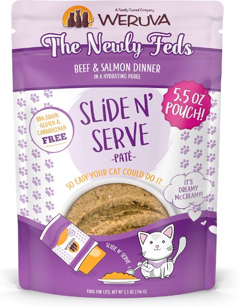 Weruva Slide N' Serve The Newly Feds Beef & Salmon Dinner Pate Grain-Free Cat Food Pouches, 5.5-oz pouch, case of 12 slide 1 of 11