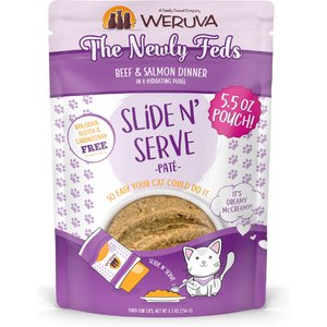 Weruva Slide N' Serve The Newly Feds Beef & Salmon Dinner Pate Grain-Free Cat Food Pouches, 5.5-oz pouch, case of 12