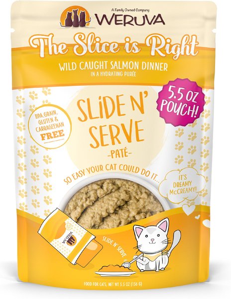 Weruva Slide N' Serve The Slice is Right Wild Caught Salmon Dinner Pate Grain-Free Cat Food Pouches, 5.5-oz pouch, case of 12 slide 1 of 10