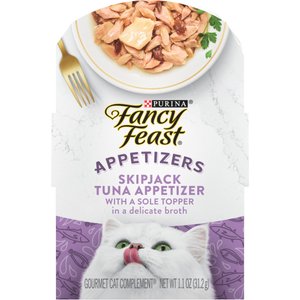 Fancy Feast Appetizers Skipjack Tuna with a Sole Topper Lickable Cat Treats, 1.1-oz tray, case of 10