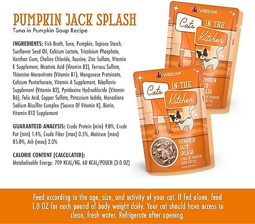 Weruva Cats in the Kitchen Pumpkin Jack Splash Tuna in Pumpkin Soup Grain-Free Cat Food Pouches, 3-oz pouch, case of 12