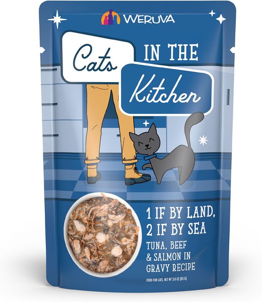 Weruva Cats in the Kitchen 1 If By Land, 2 If By Sea Tuna, Beef & Salmon Recipe Grain-Free Cat Food Pouches, 3-oz pouch, case of 12 slide 1 of 10