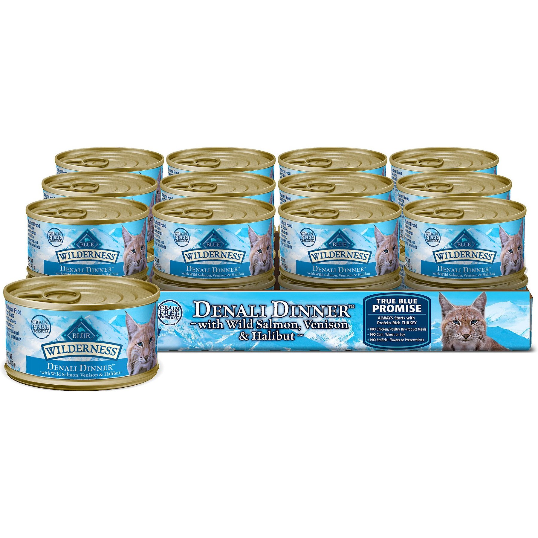 Discontinued BLUE BUFFALO Wilderness Denali Dinner with Wild Salmon Venison Halibut Grain Free Canned Cat Food 3oz case of 24 Chewy