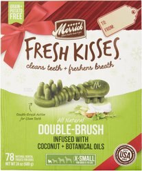 Merrick Fresh Kisses Holiday Double-Brush Coconut + Botanical Oils Dental Dog Treats, X-Small, 78 count