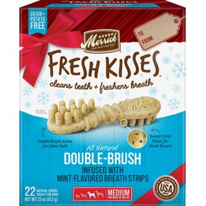 Merrick Fresh Kisses Holiday Double-Brush Mint-Flavored Dental Dog Treats, Medium, 22 count