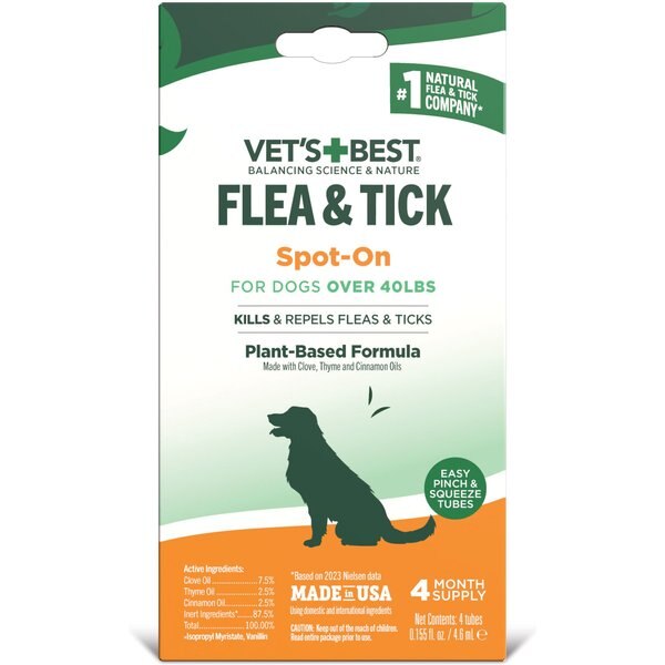 VET'S BEST Flea & Tick Spot Treatment for Dogs, Over 40 lbs, 4 Doses (4