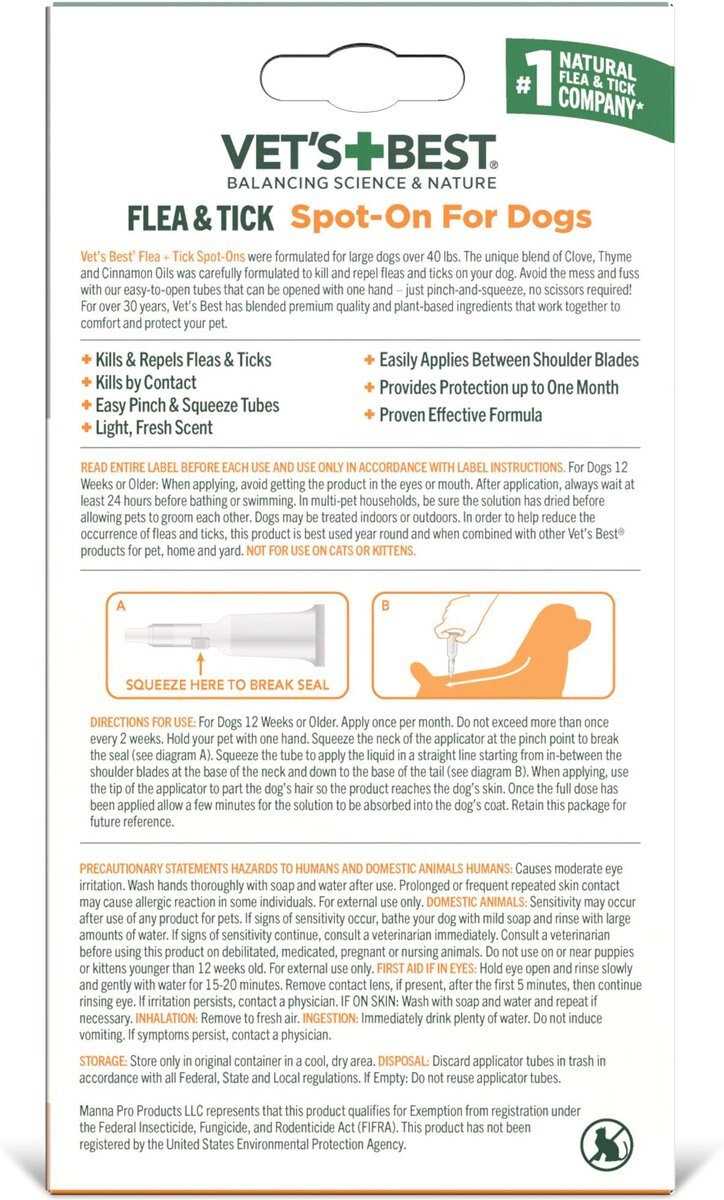 VET'S BEST Flea & Tick Spot Treatment for Dogs, Over 40 lbs, 4 Doses (4