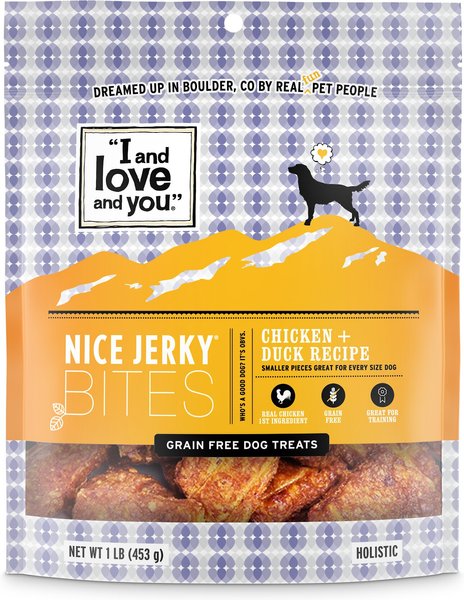 I and Love and You Nice Jerky Bites Chicken and Duck Grain-Free Dog Treats, 1-lb bag slide 1 of 9