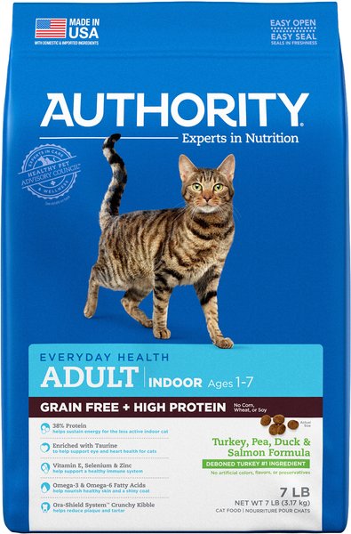 Authority Turkey Pea Duck Salmon Formula Indoor Grain Free High Performance Adult Dry Cat Food