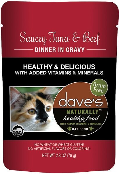 Dave's Pet Food Saucey Tuna & Beef Dinner in Gravy Grain-Free Wet Cat Food, 2.8-oz pouch, case of 24 slide 1 of 3