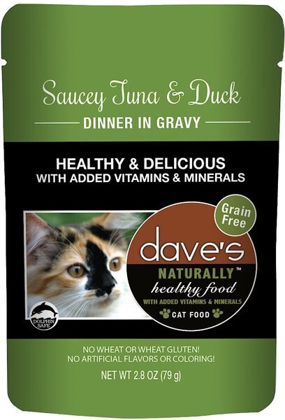 Dave's Naturally Healthy Sauccy Grain Free Tuna & Duck Dinner in Gravy Recipe Cat Food Pouch