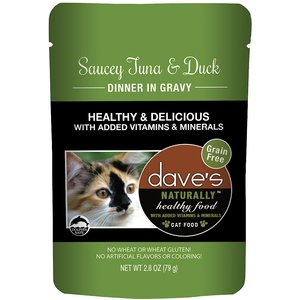 Dave's Pet Food Saucey Tuna & Duck Dinner in Gravy Grain-Free Wet Cat Food, 2.8-oz pouch, case of 24