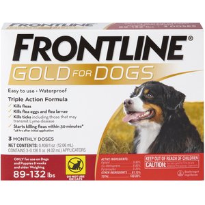 Frontline Gold for Dogs Flea & Tick Treatment (Extra Large Dog, 89-132 lbs.) 3 Doses (Red Box)
