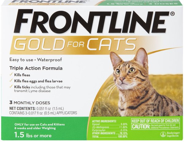 Frontline Gold Flea & Tick Spot Treatment for Cats, over 1.5 lbs, 3 Doses (3-mos. supply) slide 1 of 9