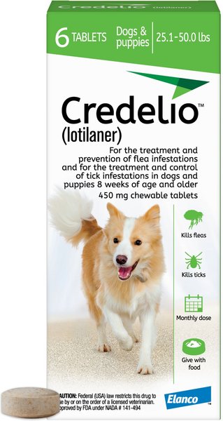 Credelio Chewable Tablet for Dogs, 25.1-50 lbs, (Green Box), 6 Chewable Tablets (6-mos. supply) slide 1 of 9