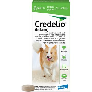 Credelio Chewable Tablet for Dogs, 25.1-50 lbs, (Green Box), 6 Chewable Tablets (6-mos. supply)