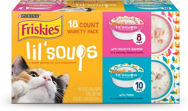Friskies Lil' Soups with Sockeye Salmon & Tuna Variety Pack Lickable Cat Treats, 1.2-oz cup, case of 18 slide 1 of 10