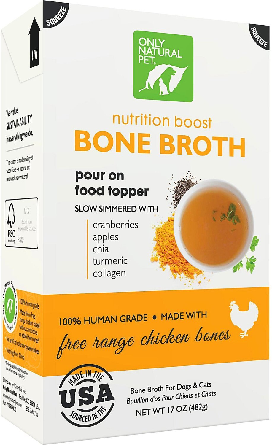 ONLY NATURAL PET FreeRange Chicken Bone Broth HumanGrade Dog & Cat