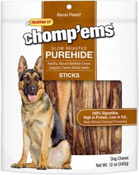 RUFFIN' IT Chomp'ems Slow Roasted Bacon Flavor Purehide Sticks Dog Treats, 12-oz bag