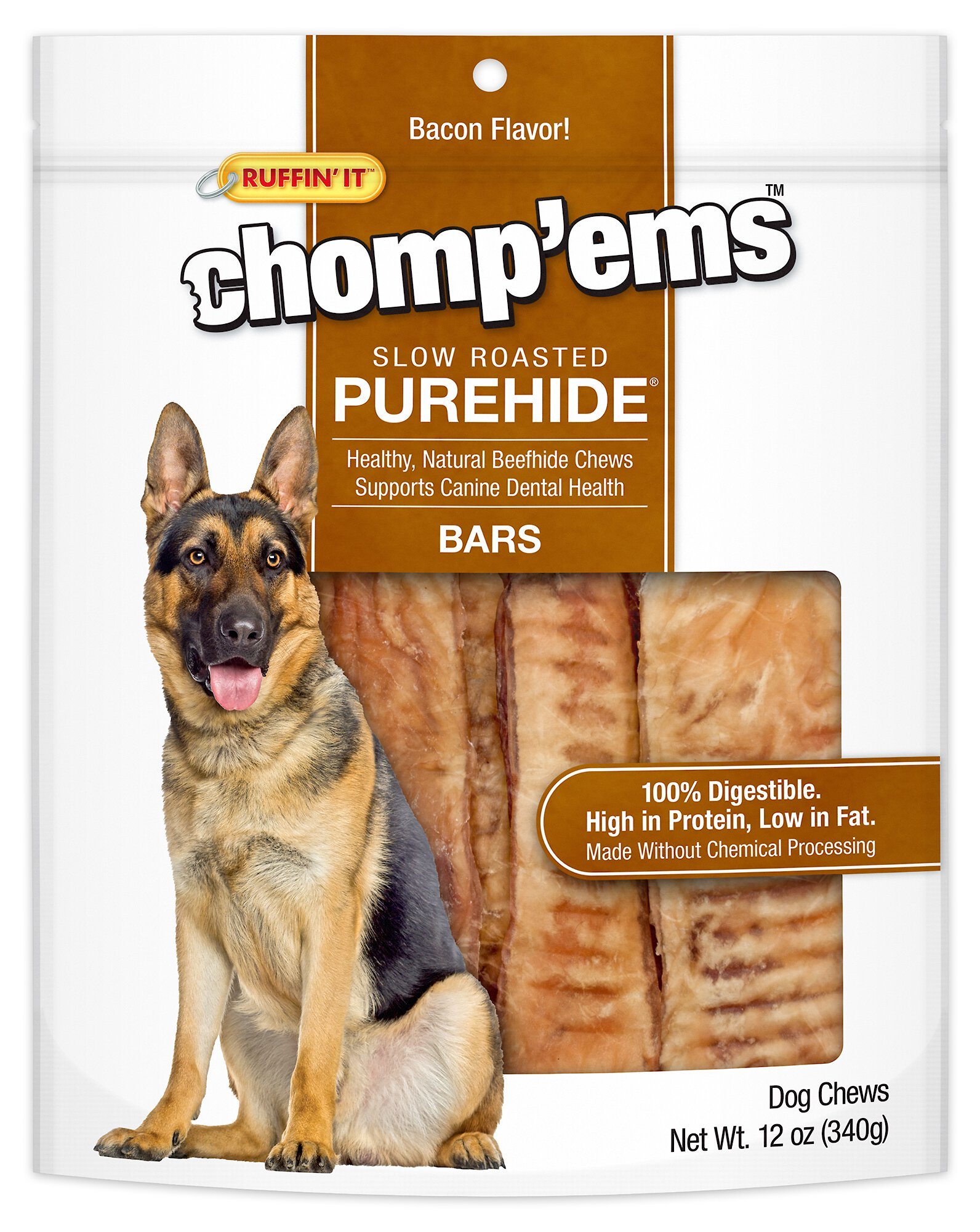 RUFFIN' IT Chomp'ems Slow Roasted Bacon Flavor Purehide Bars Dog Treats