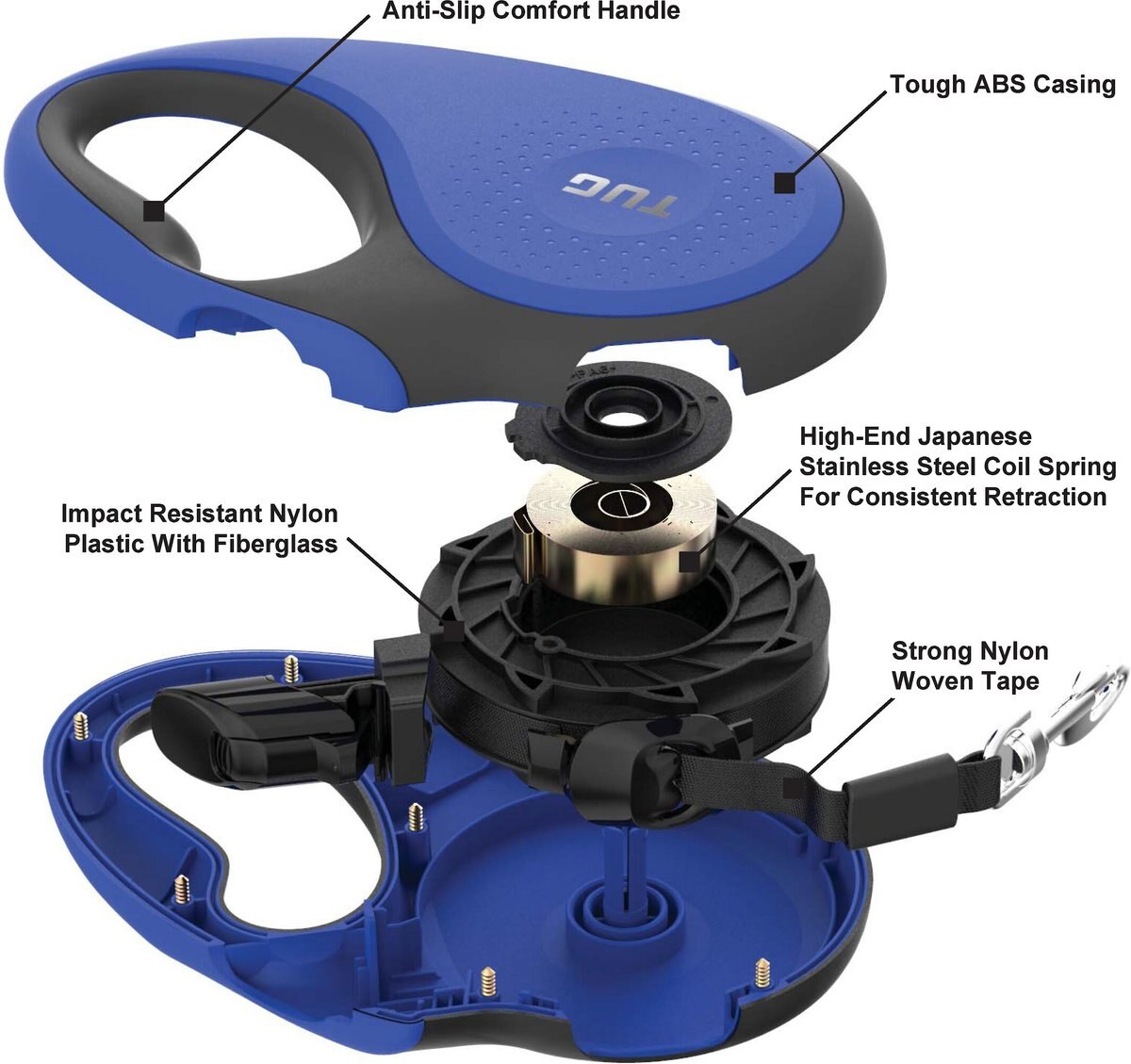 TUG Nylon Tape Retractable Dog Leash, Blue, Medium 16ft long