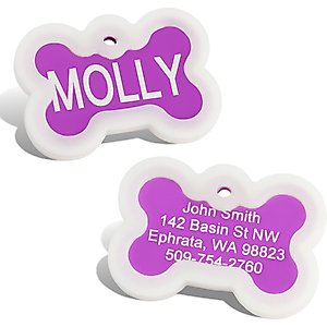 GoTags Anodized Aluminum Personalized Silencer Dog ID Tag, Bone, Purple, Regular