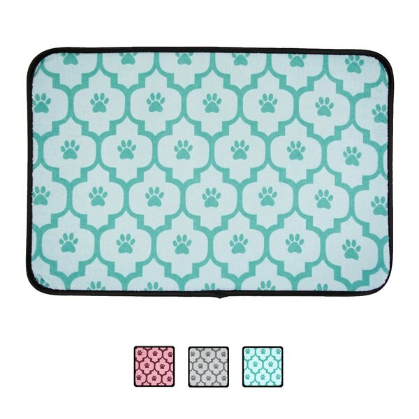 BONE DRY Lattice Paw Print Dog & Cat Food Mat, Aqua, Small
