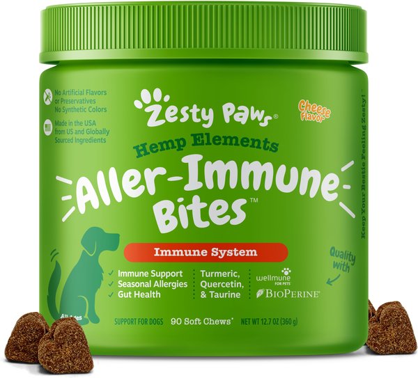Zesty Paws Hemp Elements Aller-Immune Bites Cheese Flavored Soft Chews Allergy & Immune Supplement for Dogs, 90 count slide 1 of 9