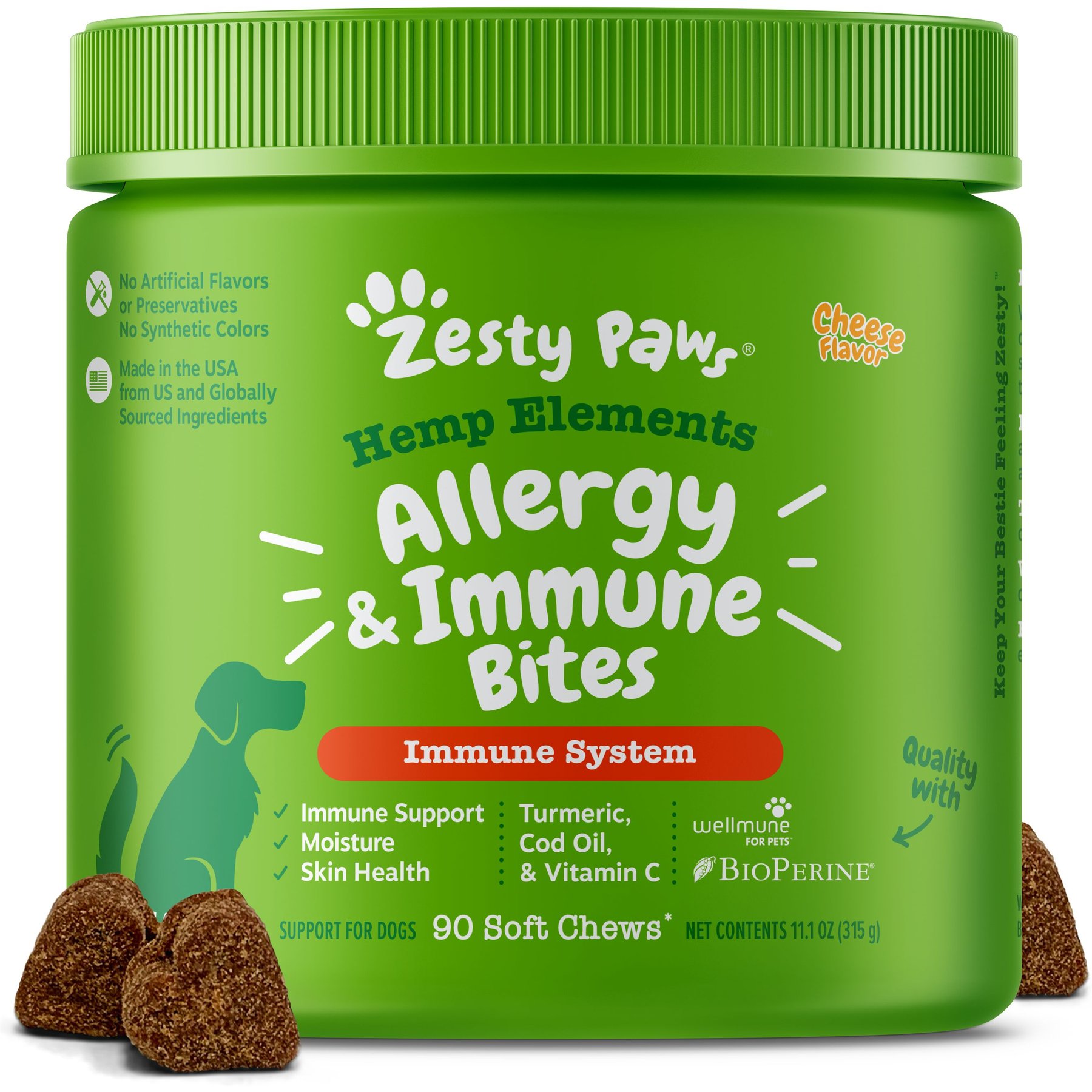 Zesty Paws Hemp Elements Allergy & Immune Bites Cheese Flavored Soft Chews Supplement for Dogs