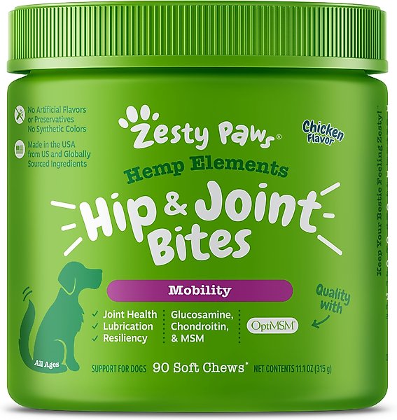 Zesty Paws Hemp Elements Mobility Bites Chicken Flavored Soft Chews Hip & Joint Supplement for Dogs, 90 count slide 1 of 9