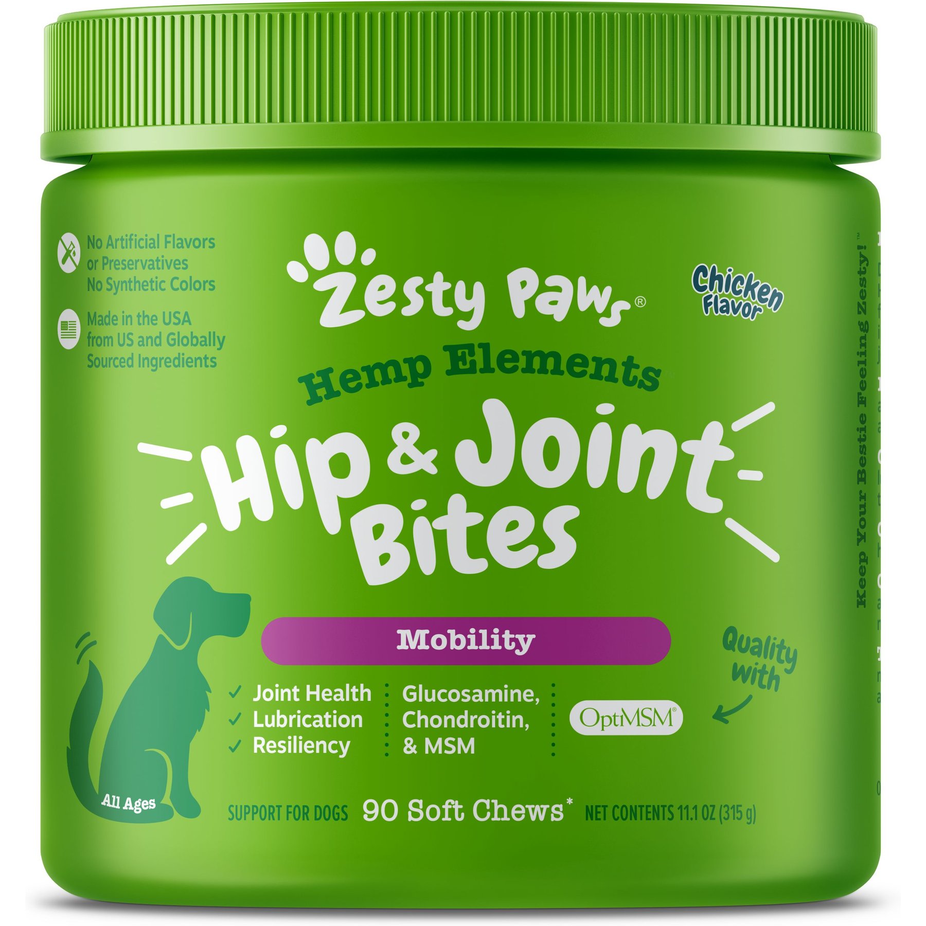Zesty Paws Hemp Elements Hip & Joint Bites Chicken Flavored Soft Chews Glucosamine Supplement for Dogs