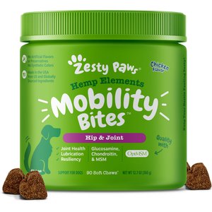 Zesty Paws Hemp Elements Mobility Bites Chicken Flavored Soft Chews Glucosamine Hip & Joint Supplement for Dogs, 90 count