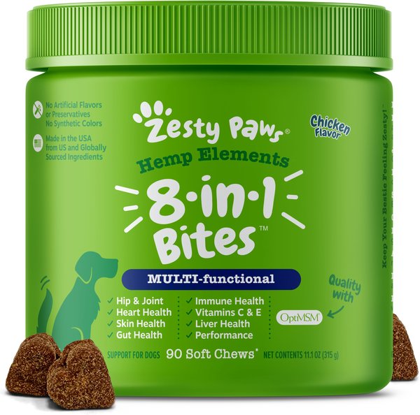 Zesty Paws Hemp Elements 8-in-1 Bites Chicken Flavored Soft Chews Multivitamin for Dogs, 90 count slide 1 of 9