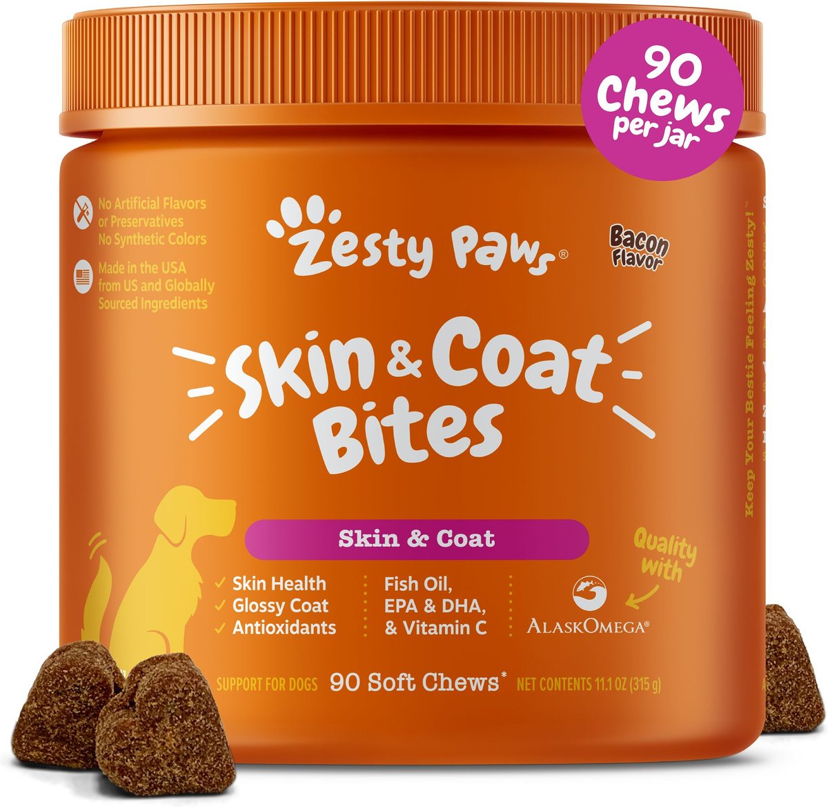 ZESTY PAWS Skin & Coat Bites Bacon Flavored Soft Chews Omega Fish Oil ...