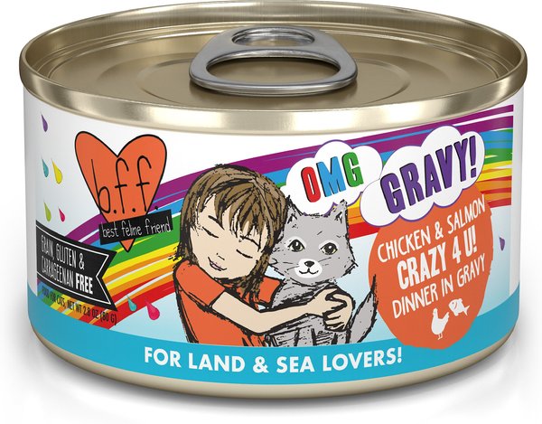 BFF OMG Crazy 4 U! Chicken & Salmon Dinner in Gravy Grain-Free Canned Cat Food, 2.8-oz, case of 12 slide 1 of 10
