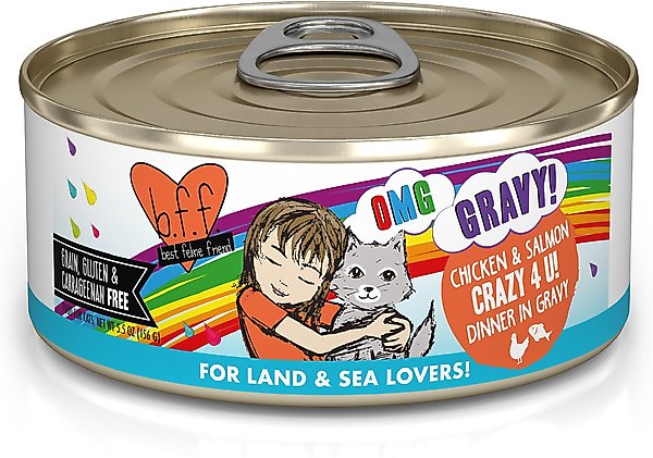 BFF OMG Crazy 4 U! Chicken & Salmon Dinner in Gravy Grain-Free Canned Cat Food, 5.5-oz, case of 8 slide 1 of 11