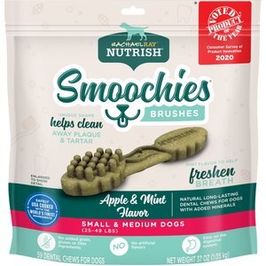 Rachael Ray Nutrish Smoochies Brushes Natural Apple & Mint Flavored Small & Medium Dental Dog Treats, 37-oz bag, Count Varies